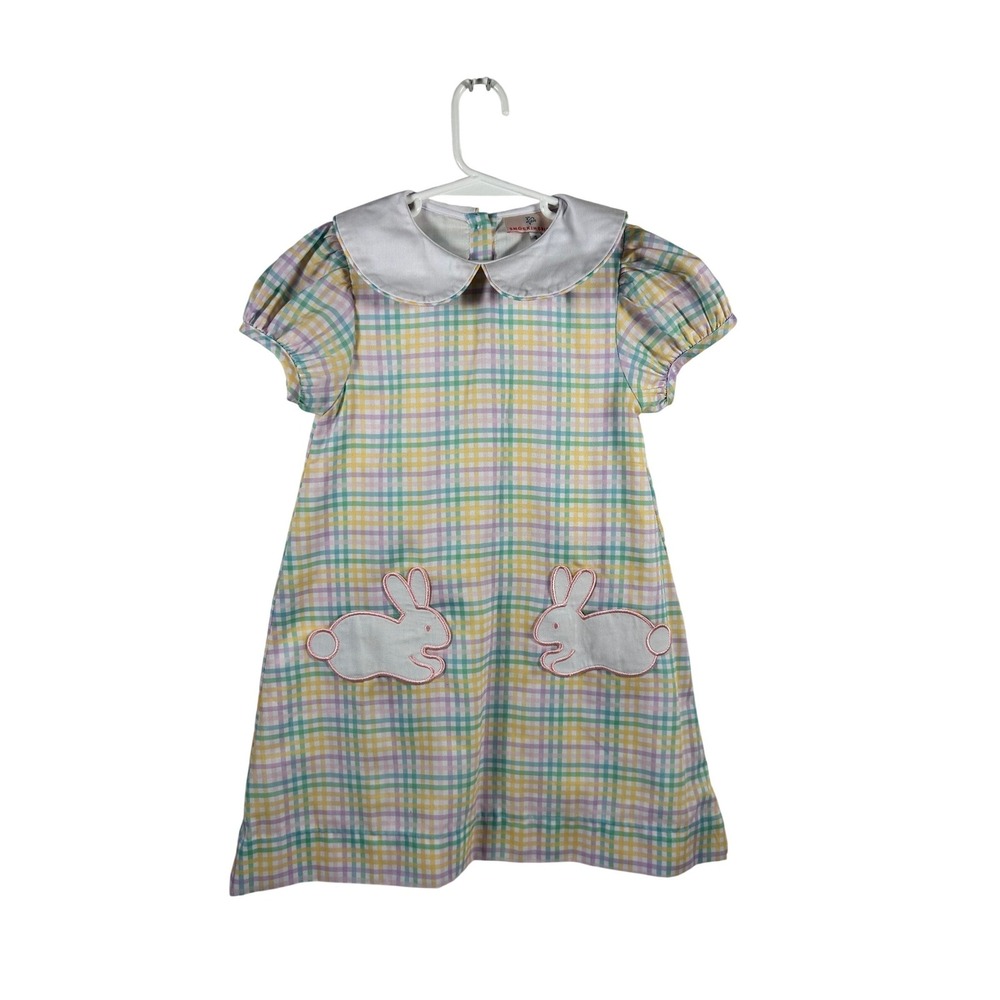 Smockingbird Dress Size 5 Pastel Plaid Bunny Applique Peter Pan Collar Girls‎